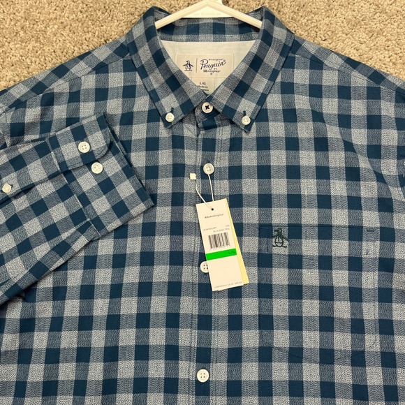 Original Penguin Mens Button Down Shirt Large Blue Wing Teal Check Plaid - Picture 1 of 10